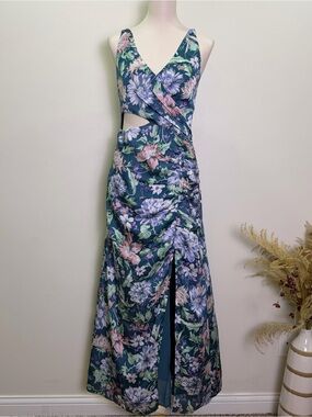 ASTR the Label NWT Teal Purple Floral Cutout Ruched Slit Maxi Dress Size M